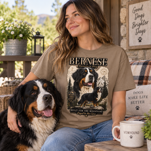 VOWHOUND Bernese Mountain Dog Berner Forever T-Shirt - Brown Savana lifestyle mockup woman