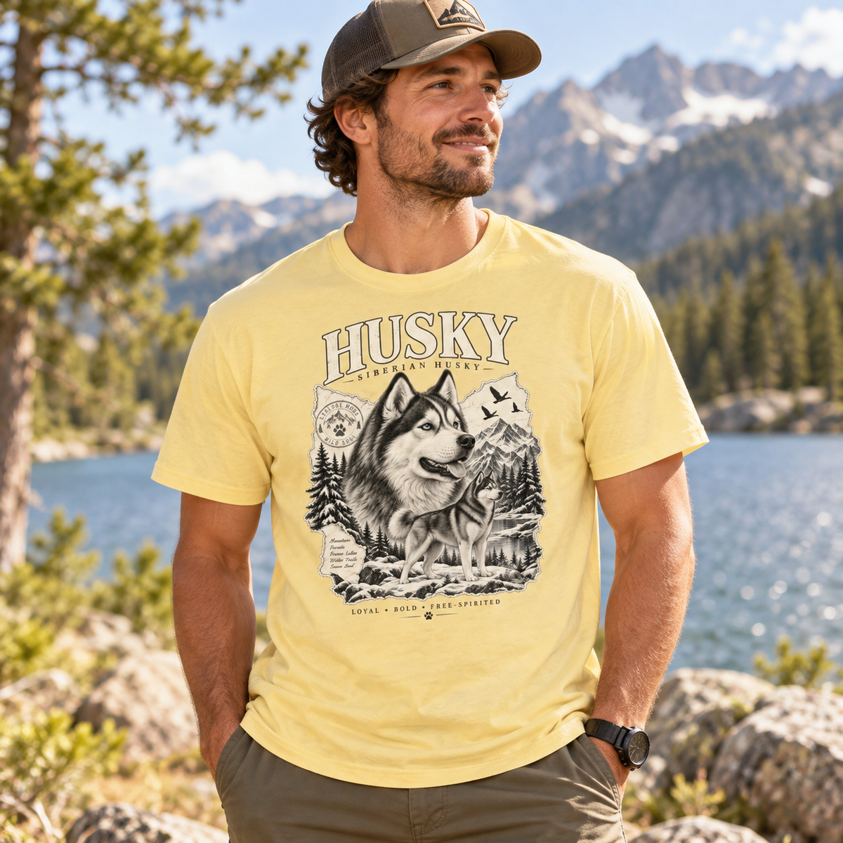 VOWHOUND Husky Dog Lover Graphic T-Shirt - Yellow Haze lifestyle mockup