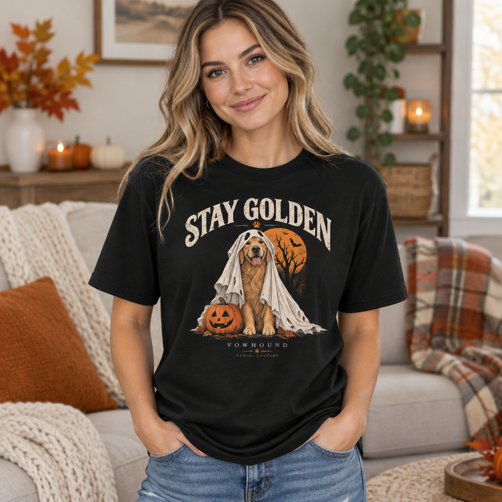 VOWHOUND Stay Golden Golden Retriever Halloween T-Shirt - Black realistic lifestyle mockup