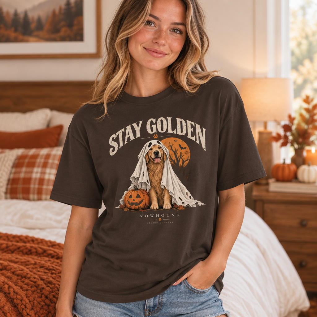 VOWHOUND Stay Golden Golden Retriever Halloween T-Shirt - Dark Chocolate realistic lifestyle mockup
