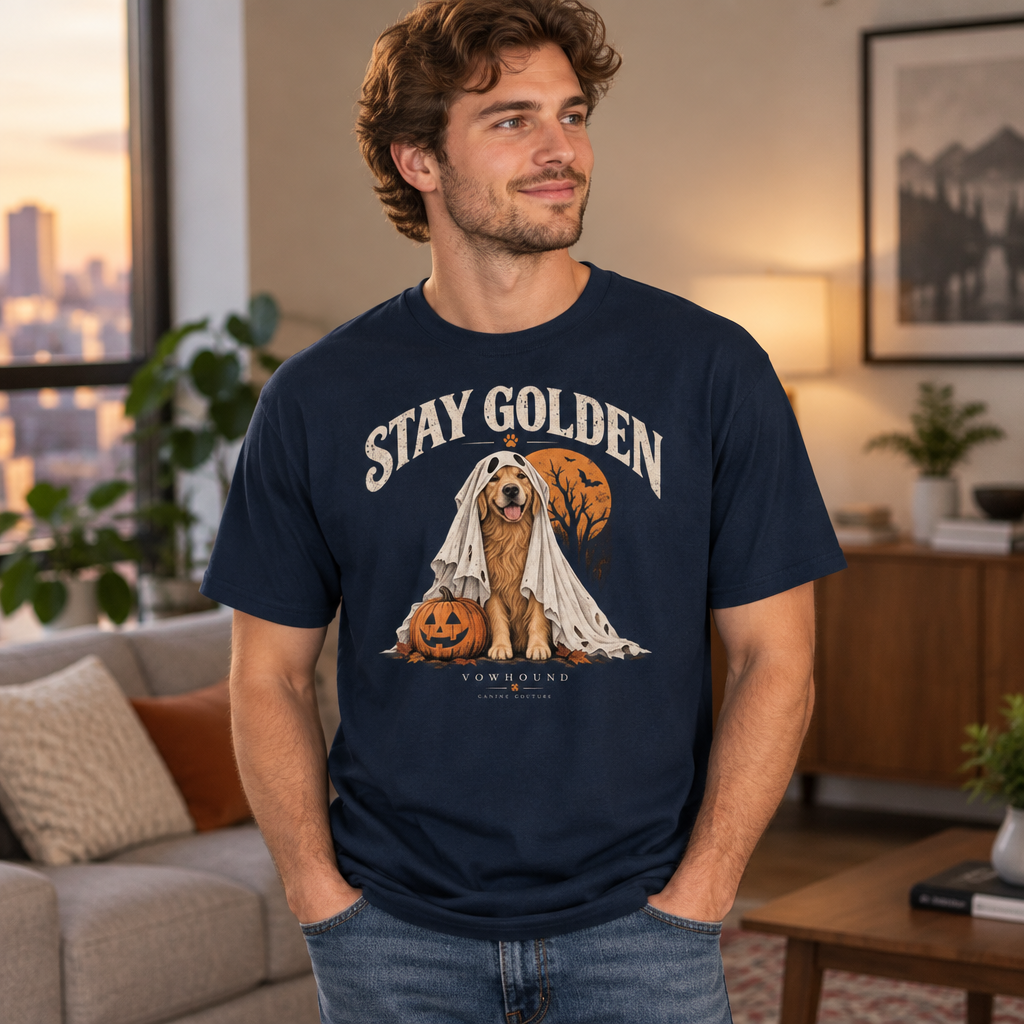 VOWHOUND Stay Golden Golden Retriever Halloween T-Shirt - Navy realistic lifestyle mockup