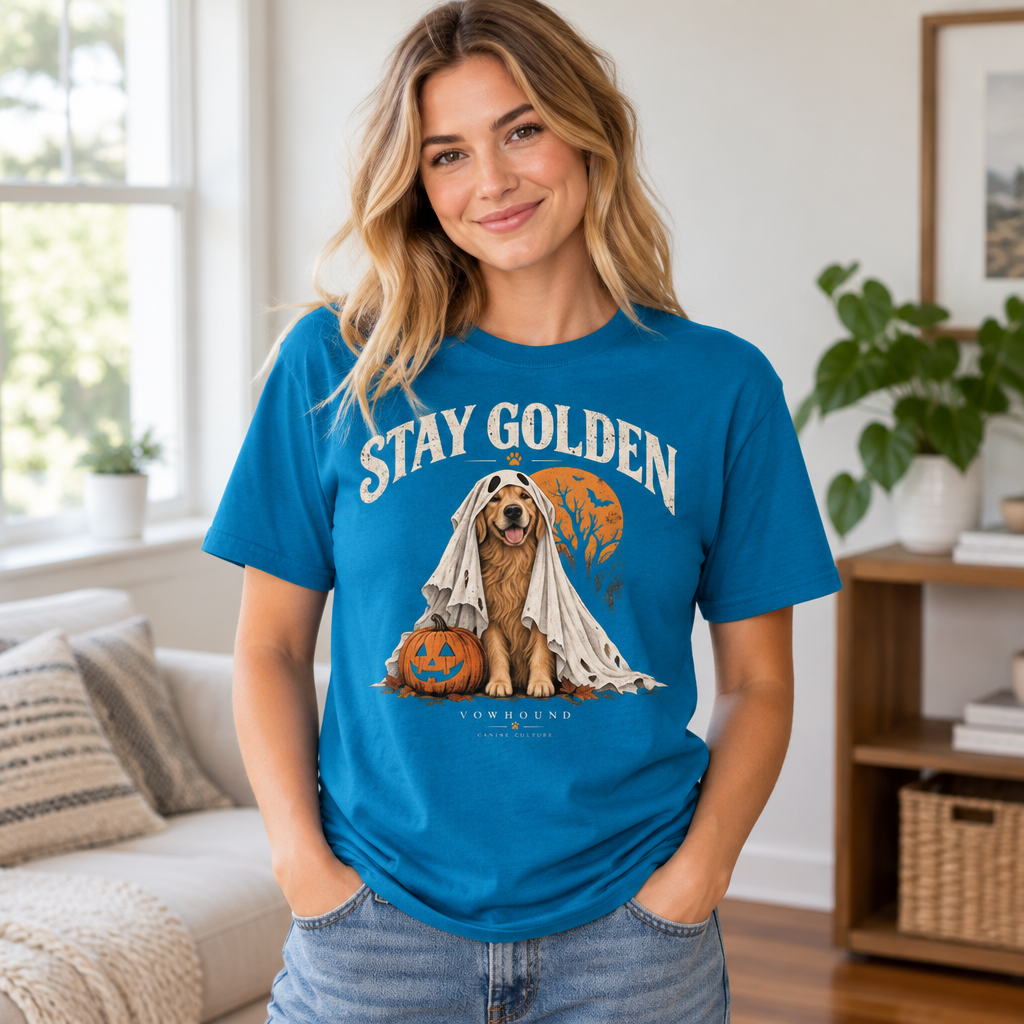 VOWHOUND Stay Golden Golden Retriever Halloween T-Shirt - Sapphire realistic lifestyle mockup