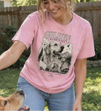VOWHOUND Stay Golden Vintage Golden Retriever T-Shirt - Light Pink realistic backyard lifestyle mockup
