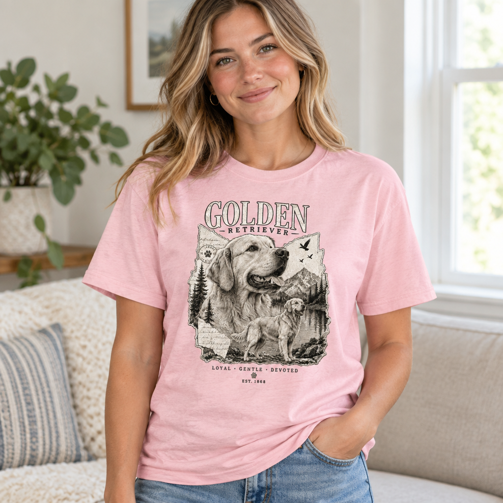 VOWHOUND Stay Golden Vintage Golden Retriever T-Shirt - Light Pink realistic lifestyle mockup