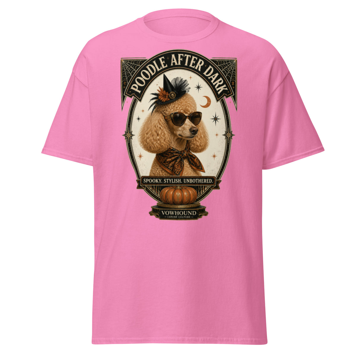Poodle Spooky Stylish Unbothered Halloween graphic T-shirt by VOWHOUND in Azalea