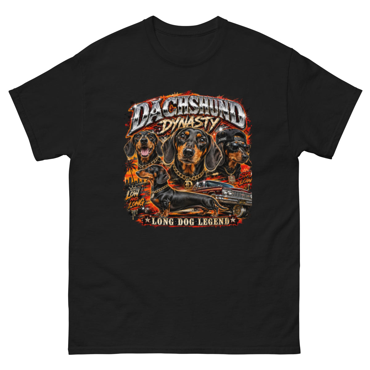Black Dachshund Dynasty graphic T-shirt front view