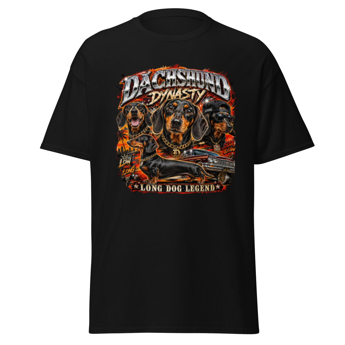 Black Dachshund Dynasty T-shirt alternate front view