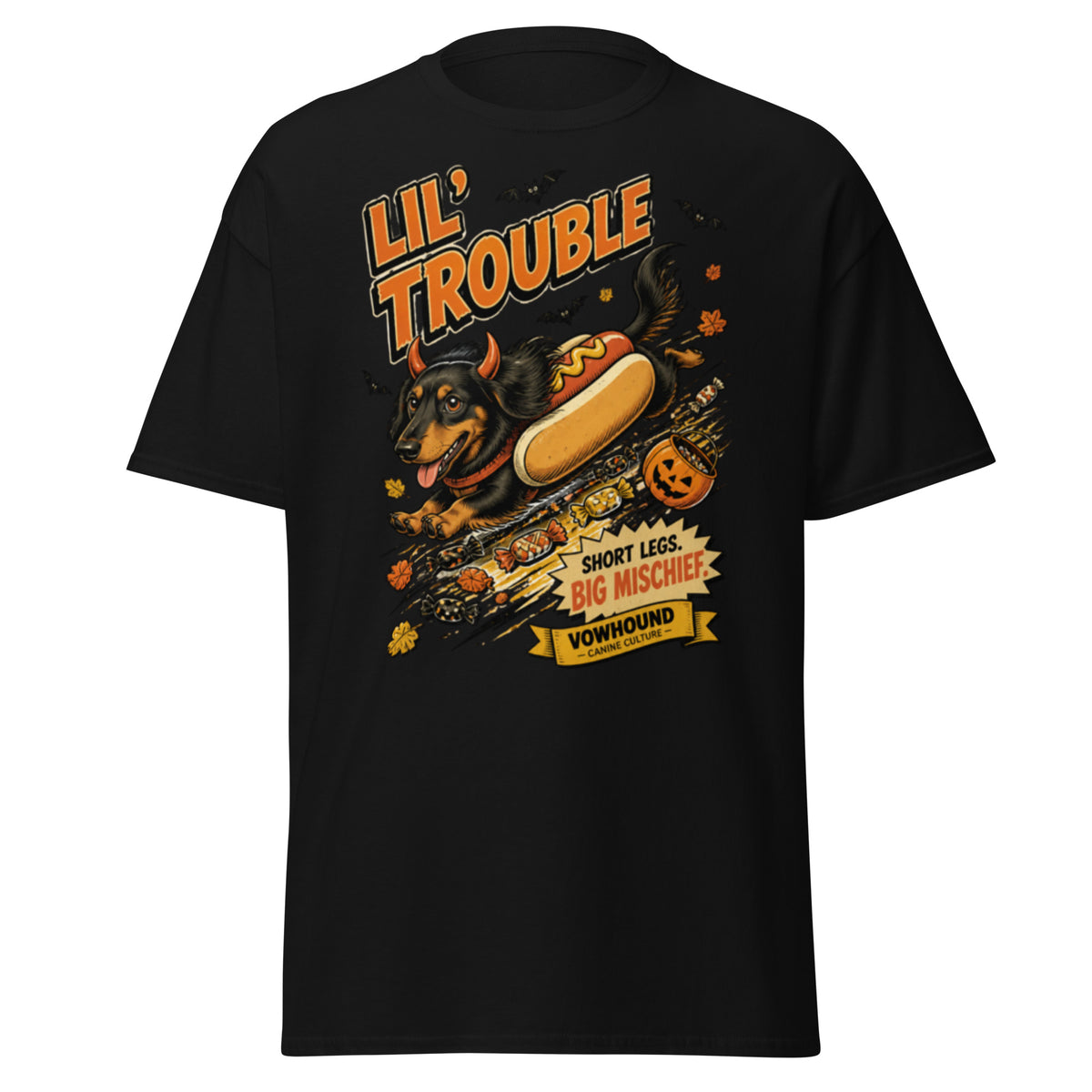 Dachshund Lil’ Trouble Halloween graphic T-shirt by VOWHOUND in Black
