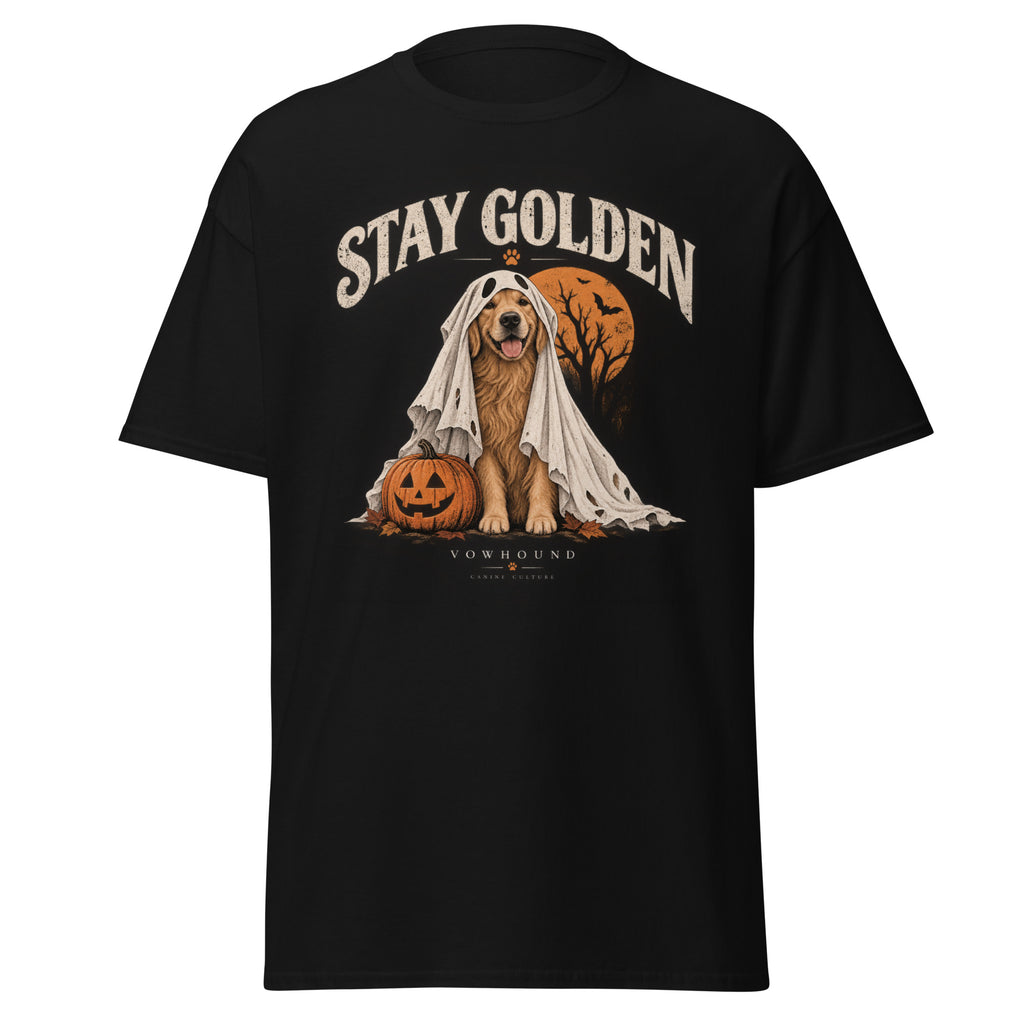 Golden Retriever Stay Golden Halloween graphic T-shirt by VOWHOUND in Black