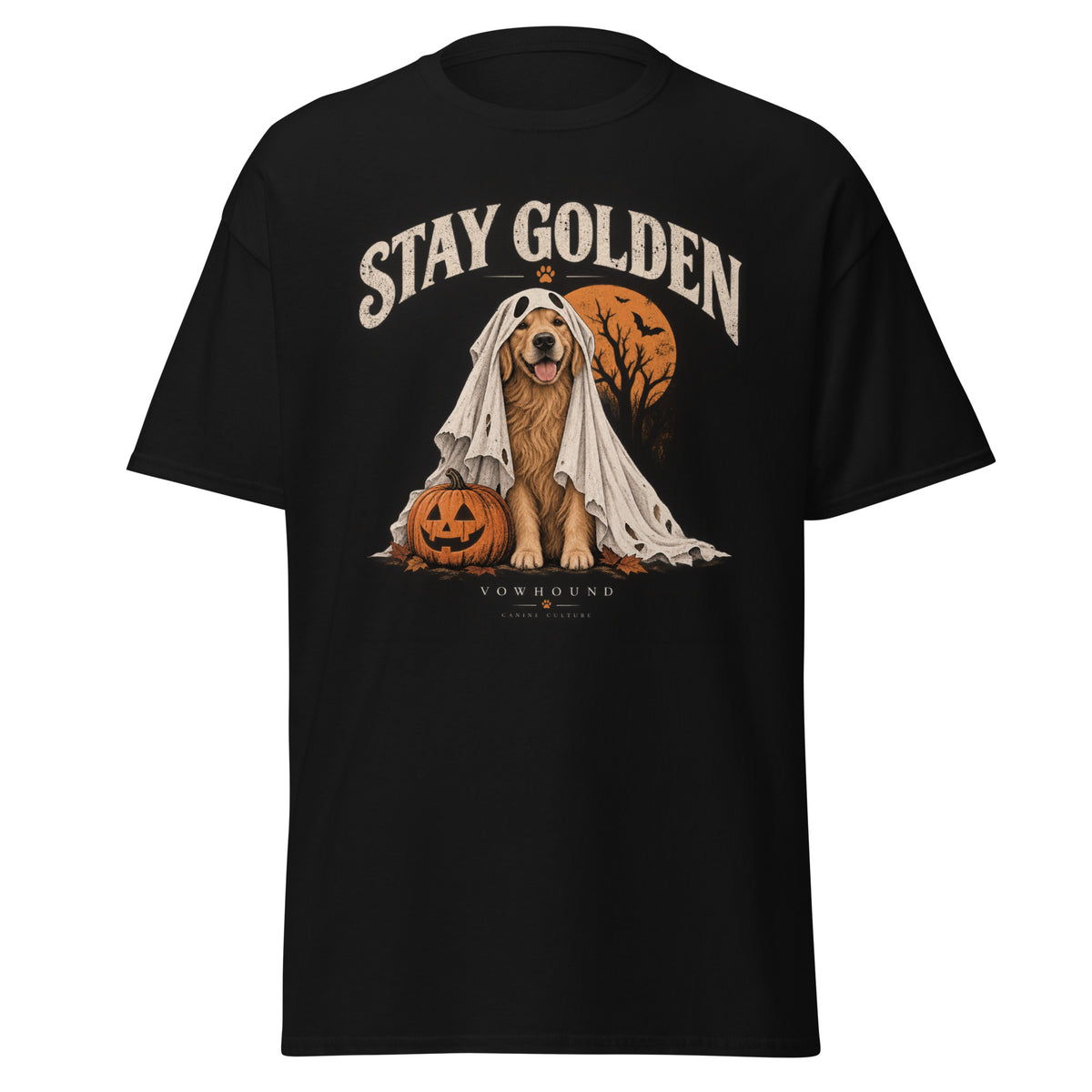 Golden Retriever Stay Golden Halloween graphic T-shirt by VOWHOUND in Black