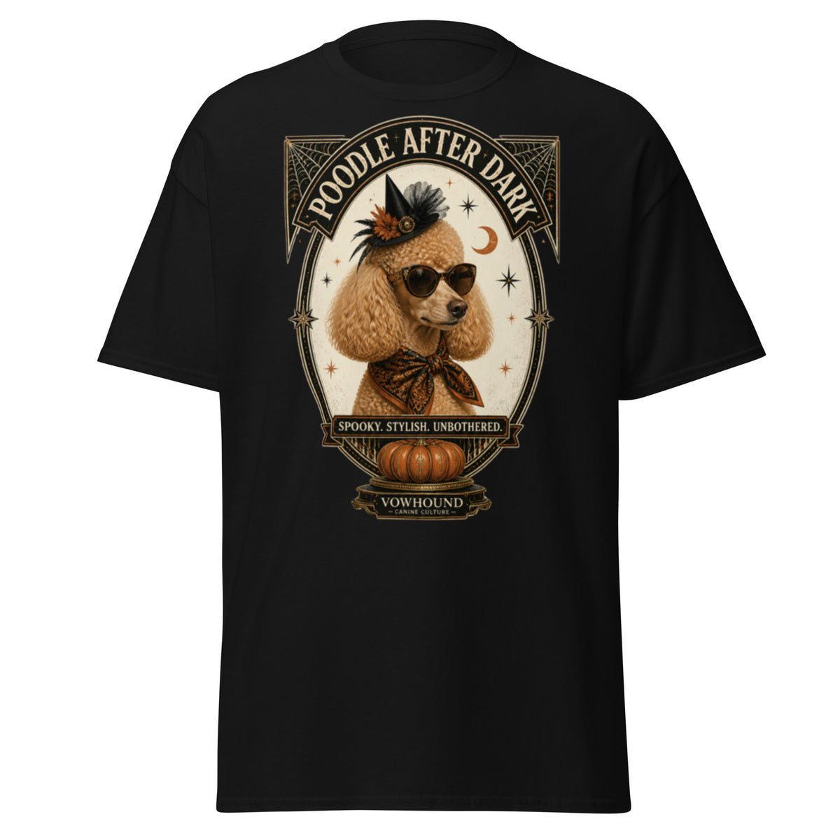 Poodle Spooky Stylish Unbothered Halloween graphic T-shirt by VOWHOUND in Black
