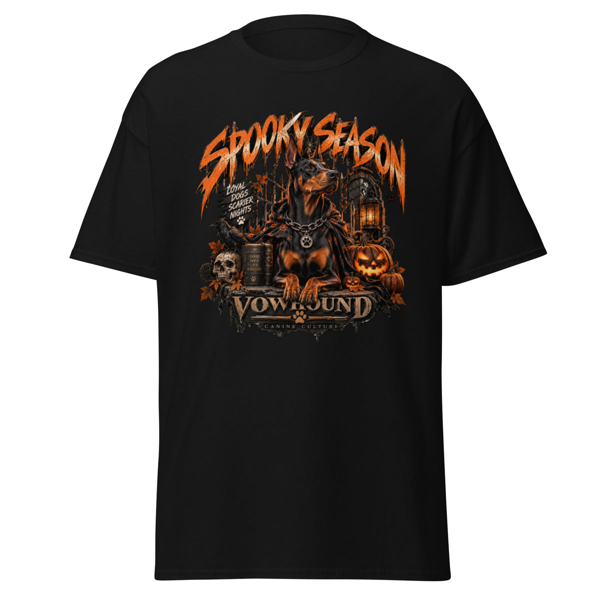 Loyal Dogs Scarier Nights Halloween graphic T-shirt by VOWHOUND in Black