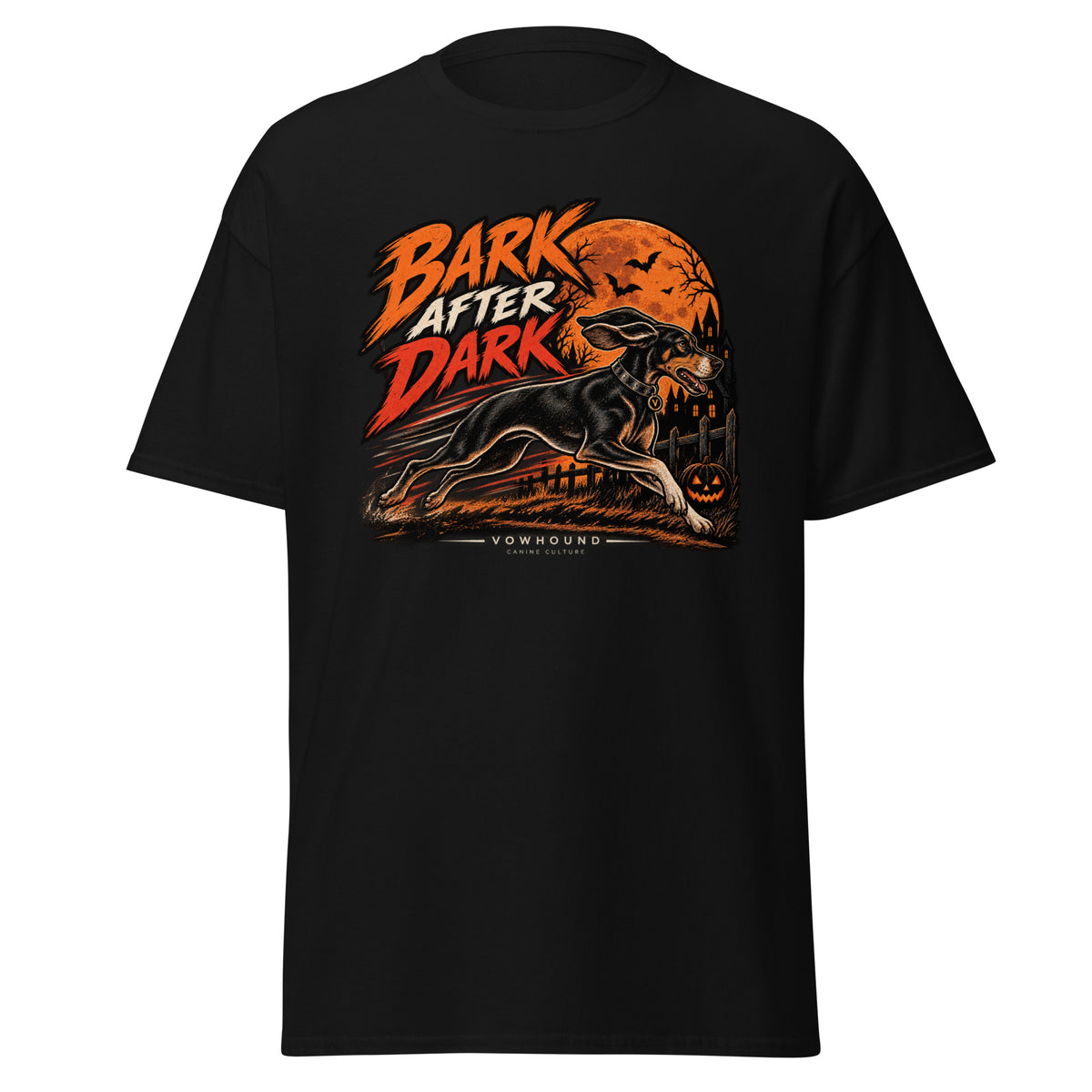 Bark After Dark Halloween dog graphic T-shirt by VOWHOUND in Black
