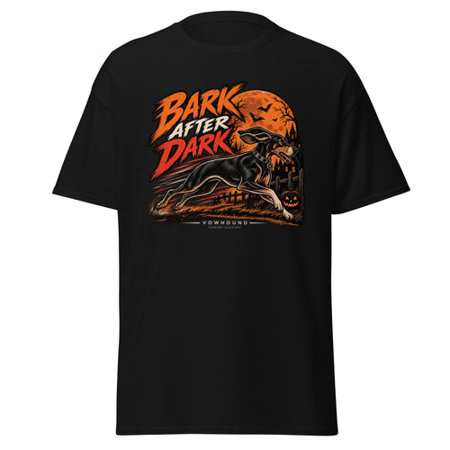 Bark After Dark Halloween dog graphic T-shirt by VOWHOUND in Black