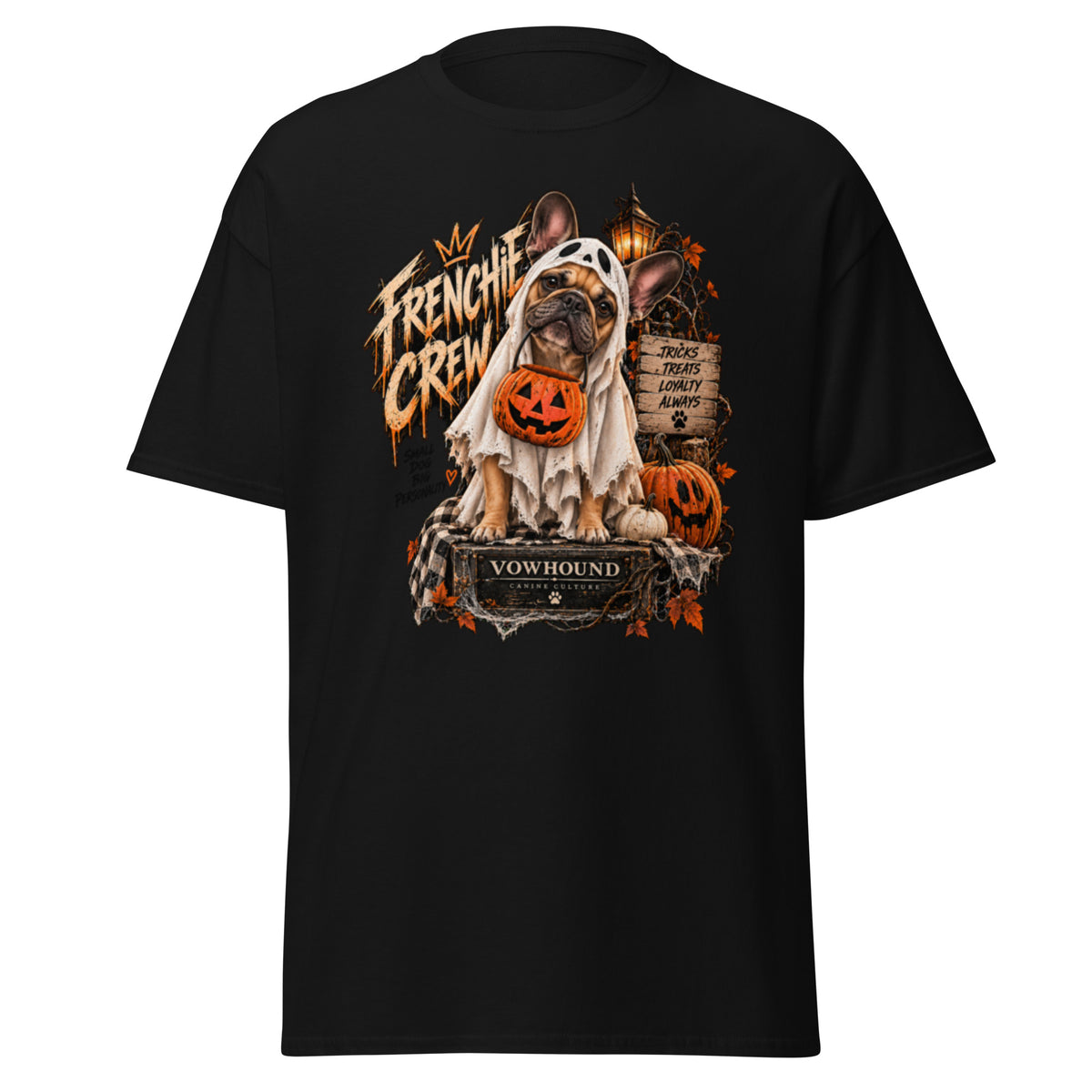 Frenchie Crew Tricks and Treats Halloween graphic T-shirt by VOWHOUND in Black