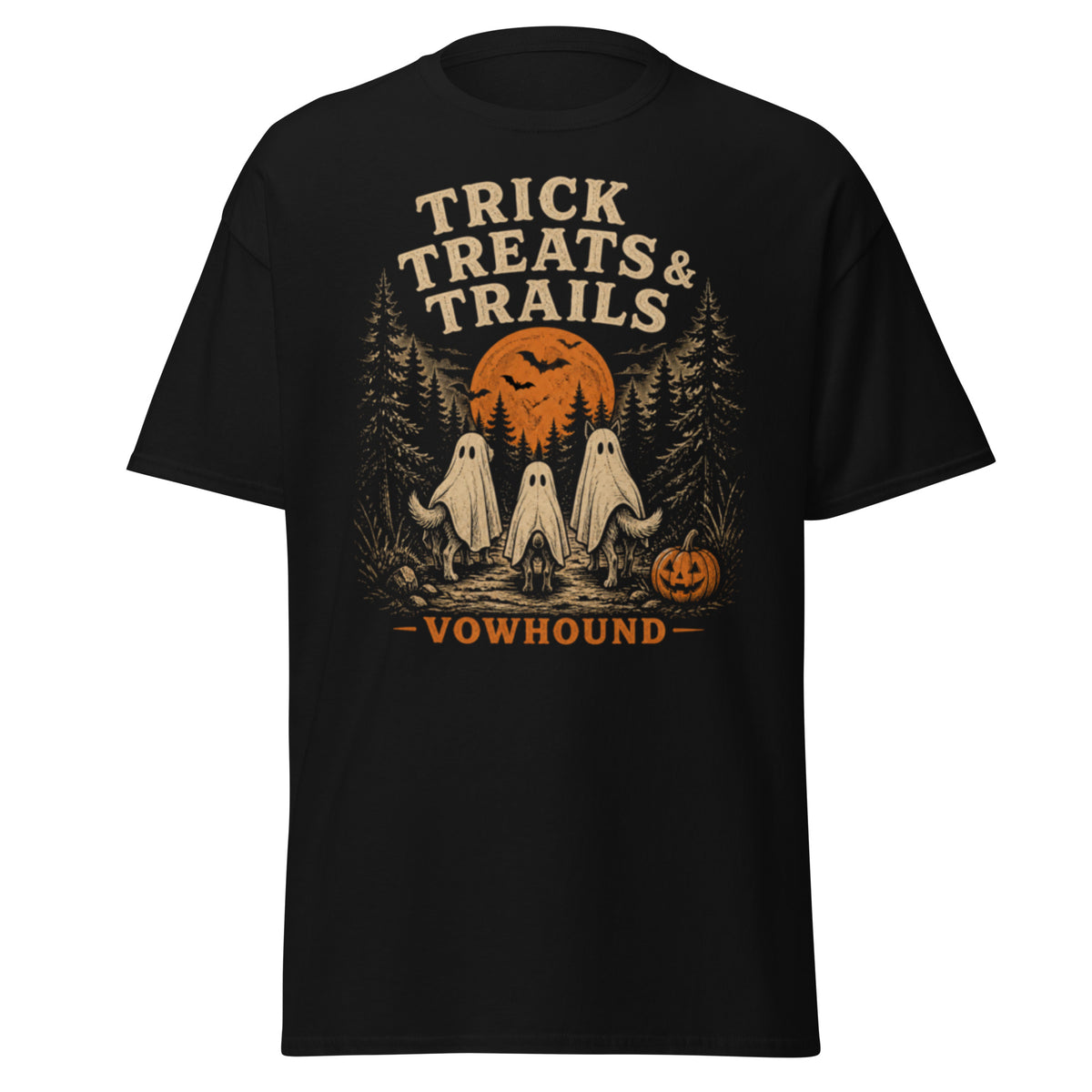 Black Husky Trick Treats & Trails Halloween T-Shirt product mockup