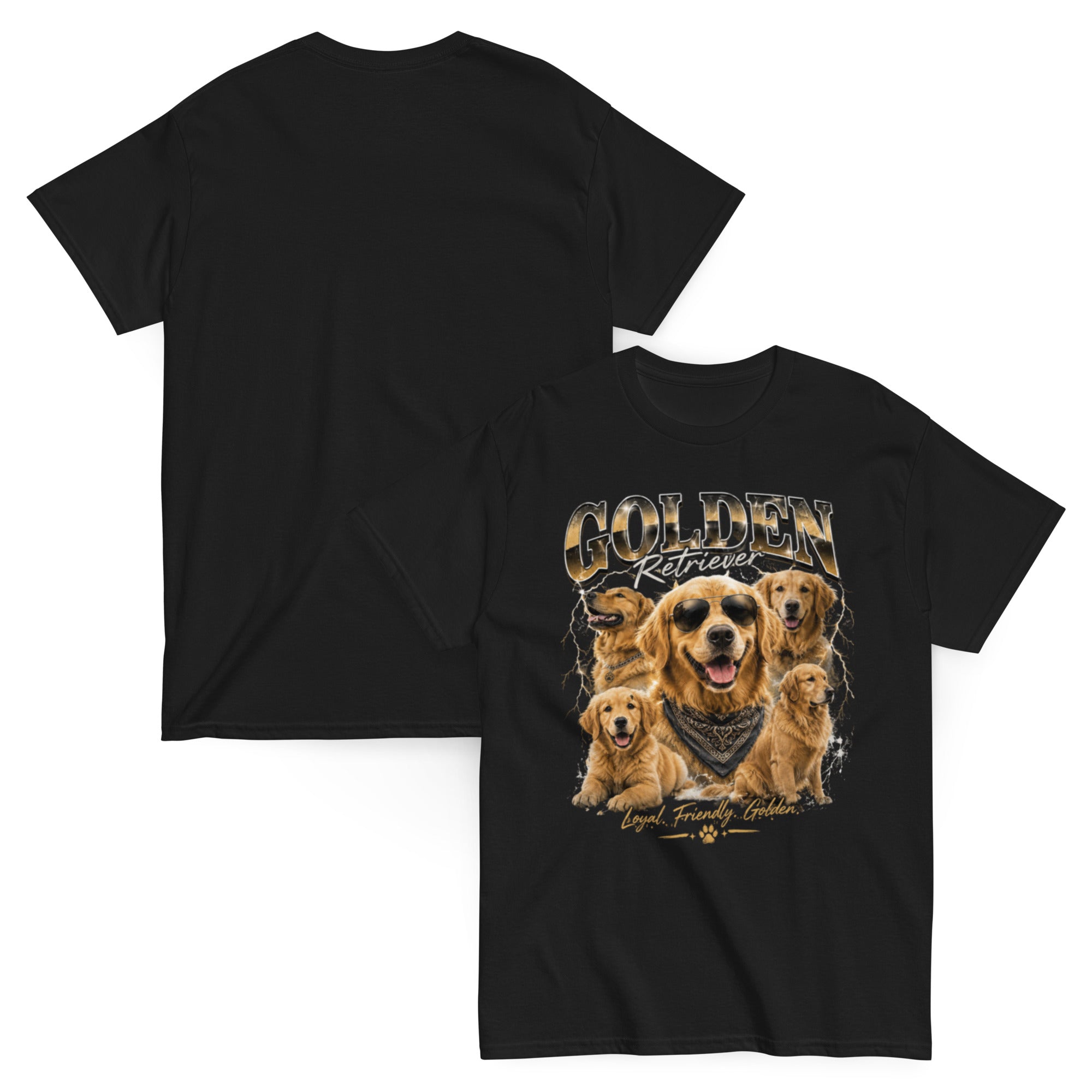 Black Golden G Golden Retriever T-shirt front-and-back view