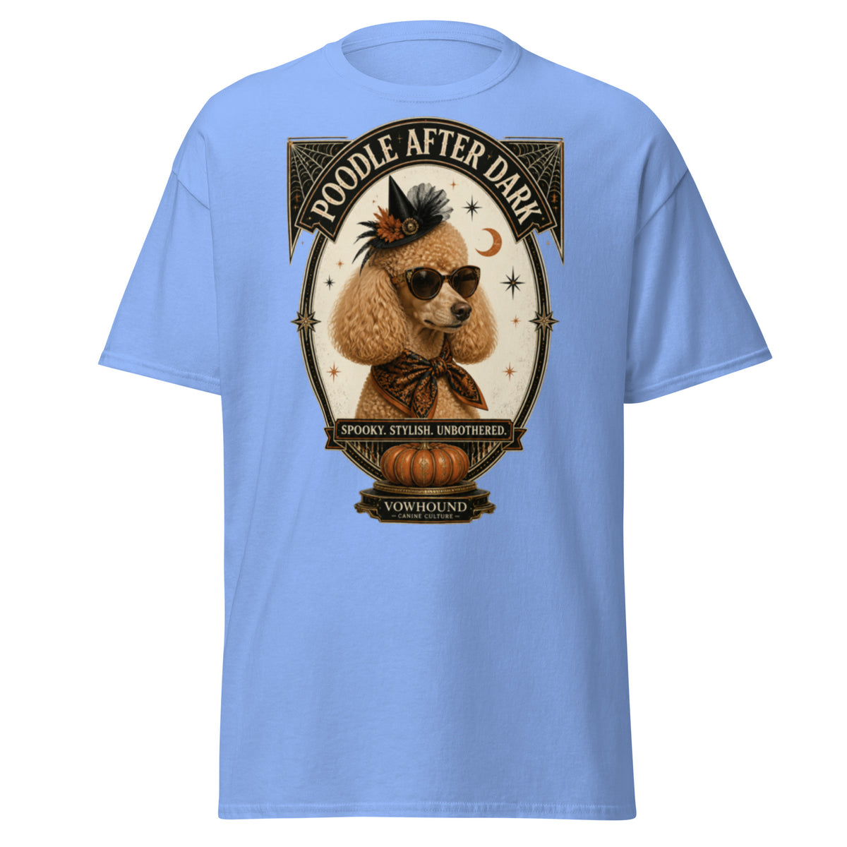 Poodle Spooky Stylish Unbothered Halloween graphic T-shirt by VOWHOUND in Carolina Blue