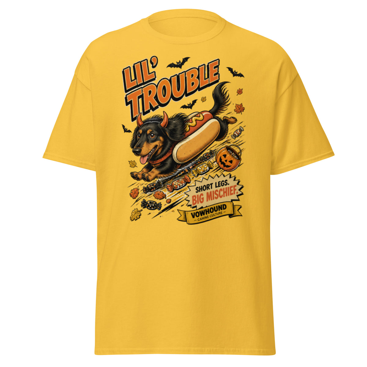 Dachshund Lil’ Trouble Halloween graphic T-shirt by VOWHOUND in Daisy