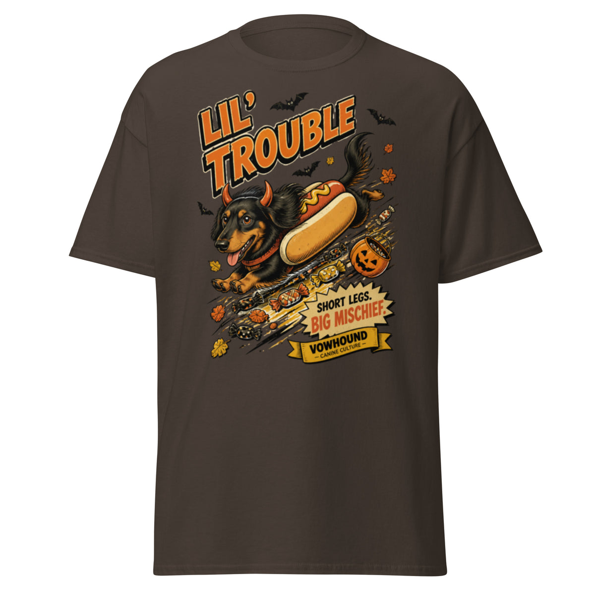 Dachshund Lil’ Trouble Halloween graphic T-shirt by VOWHOUND in Dark Chocolate