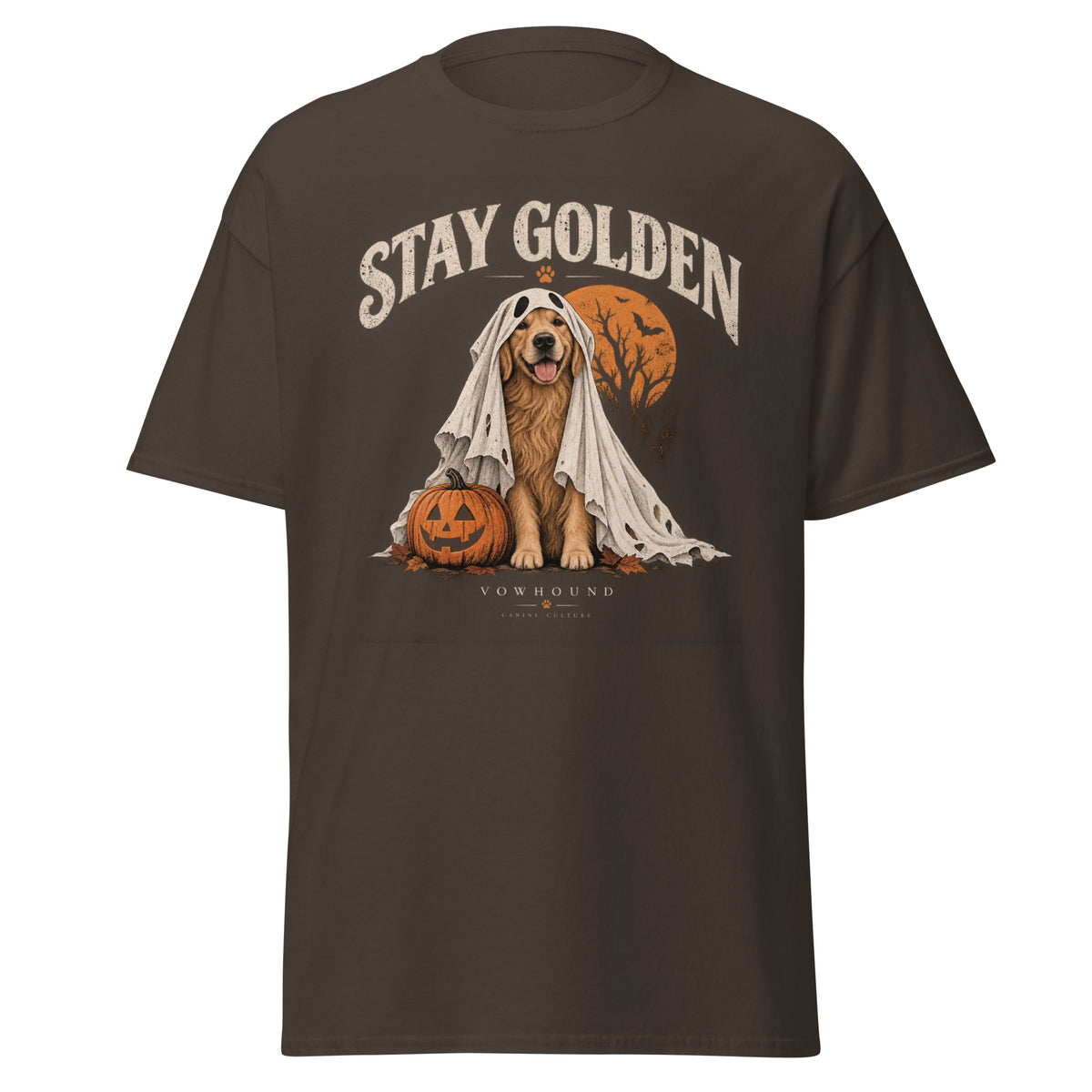 Golden Retriever Stay Golden Halloween graphic T-shirt by VOWHOUND in Dark Chocolate