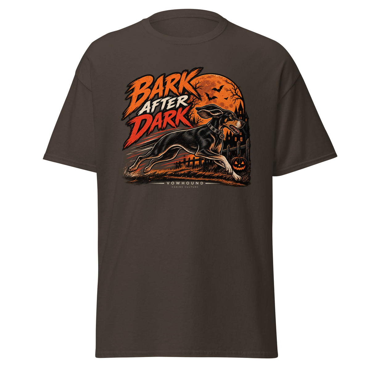 Bark After Dark Halloween dog graphic T-shirt by VOWHOUND in Dark Chocolate