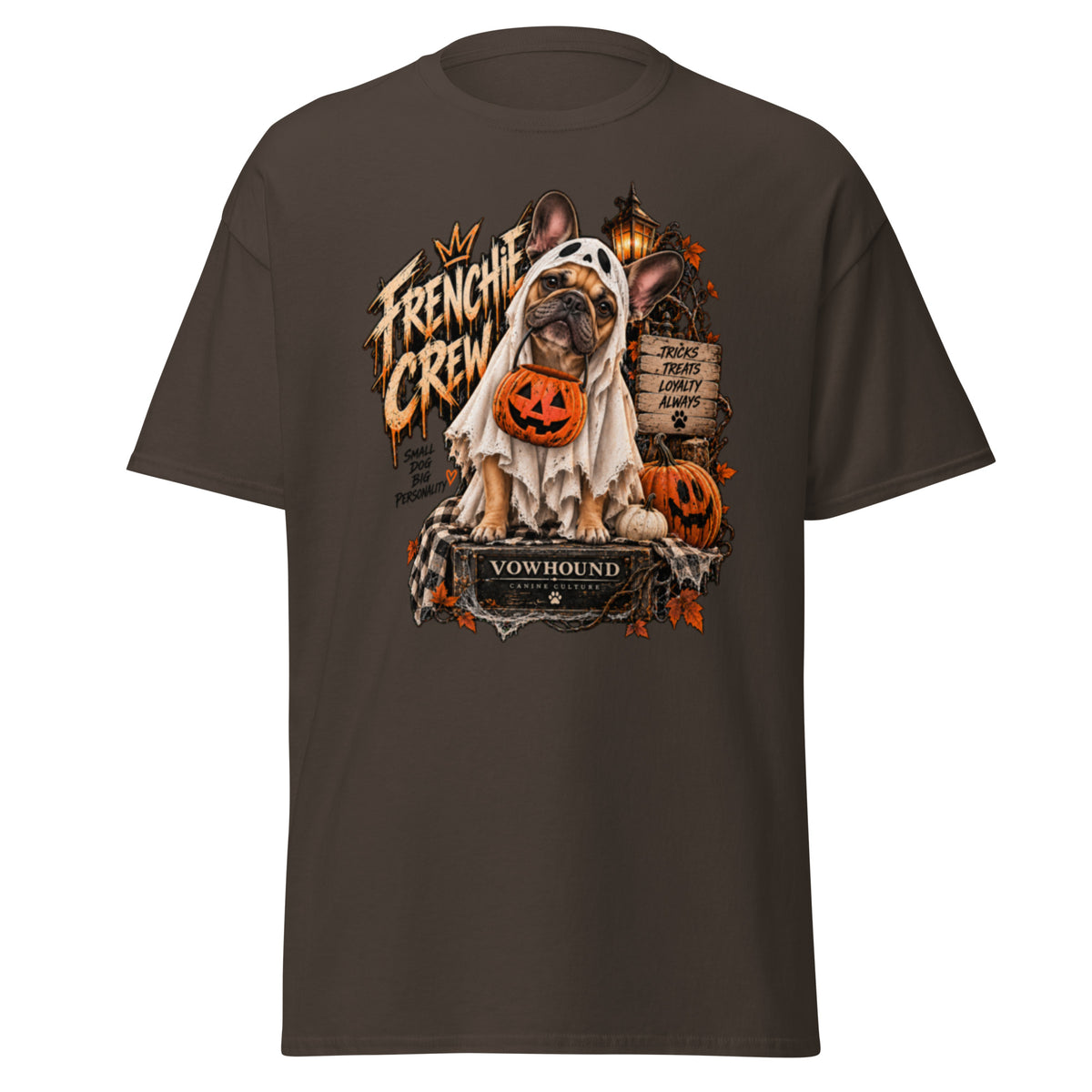 Frenchie Crew Tricks and Treats Halloween graphic T-shirt by VOWHOUND in Dark Chocolate