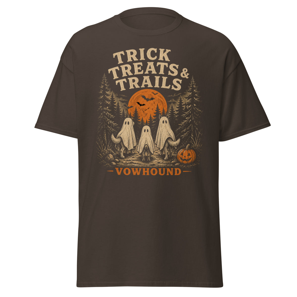 Dark Chocolate Husky Trick Treats & Trails Halloween T-Shirt product mockup