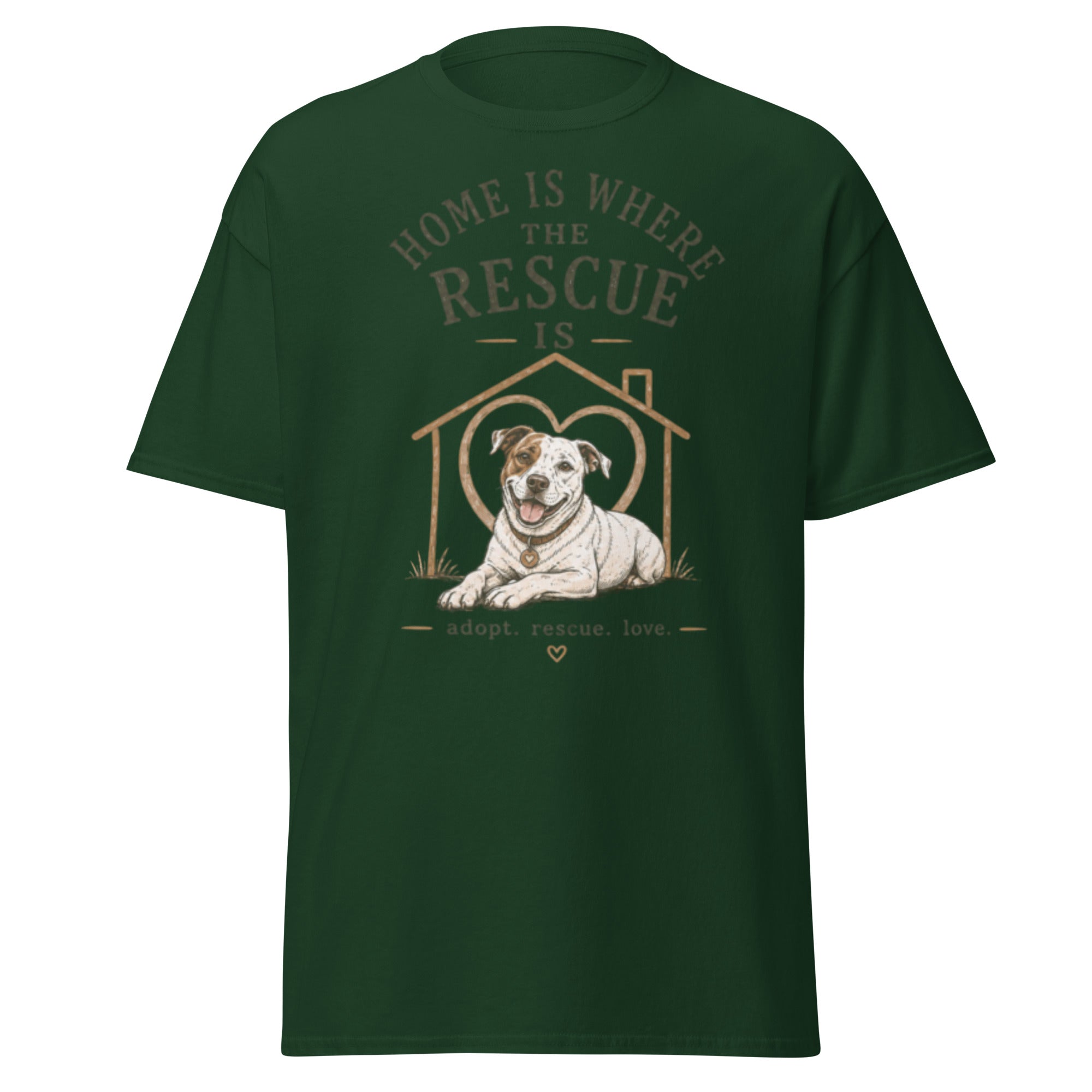 Forest green Pit Bull Home Is Where the Rescue Is graphic T-shirt front view