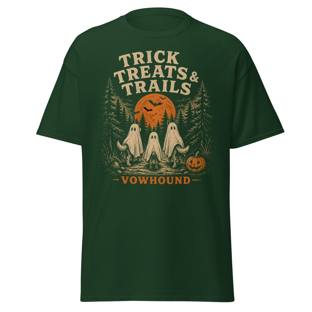Forest Green Husky Trick Treats & Trails Halloween T-Shirt product mockup