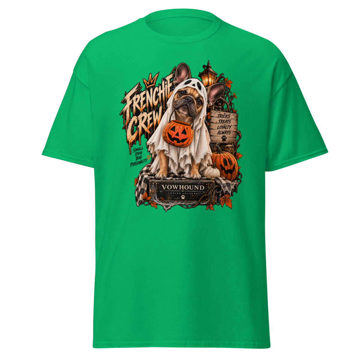 Frenchie Crew Tricks and Treats Halloween graphic T-shirt by VOWHOUND in Irish Green