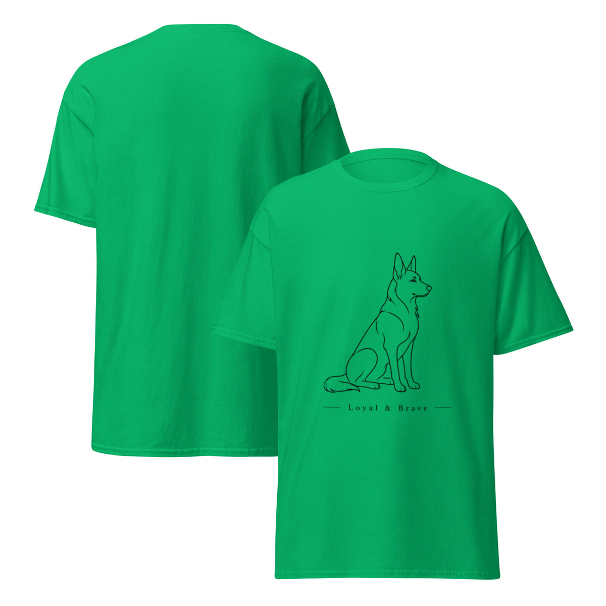 Irish green German Shepherd T-shirt front-and-back view