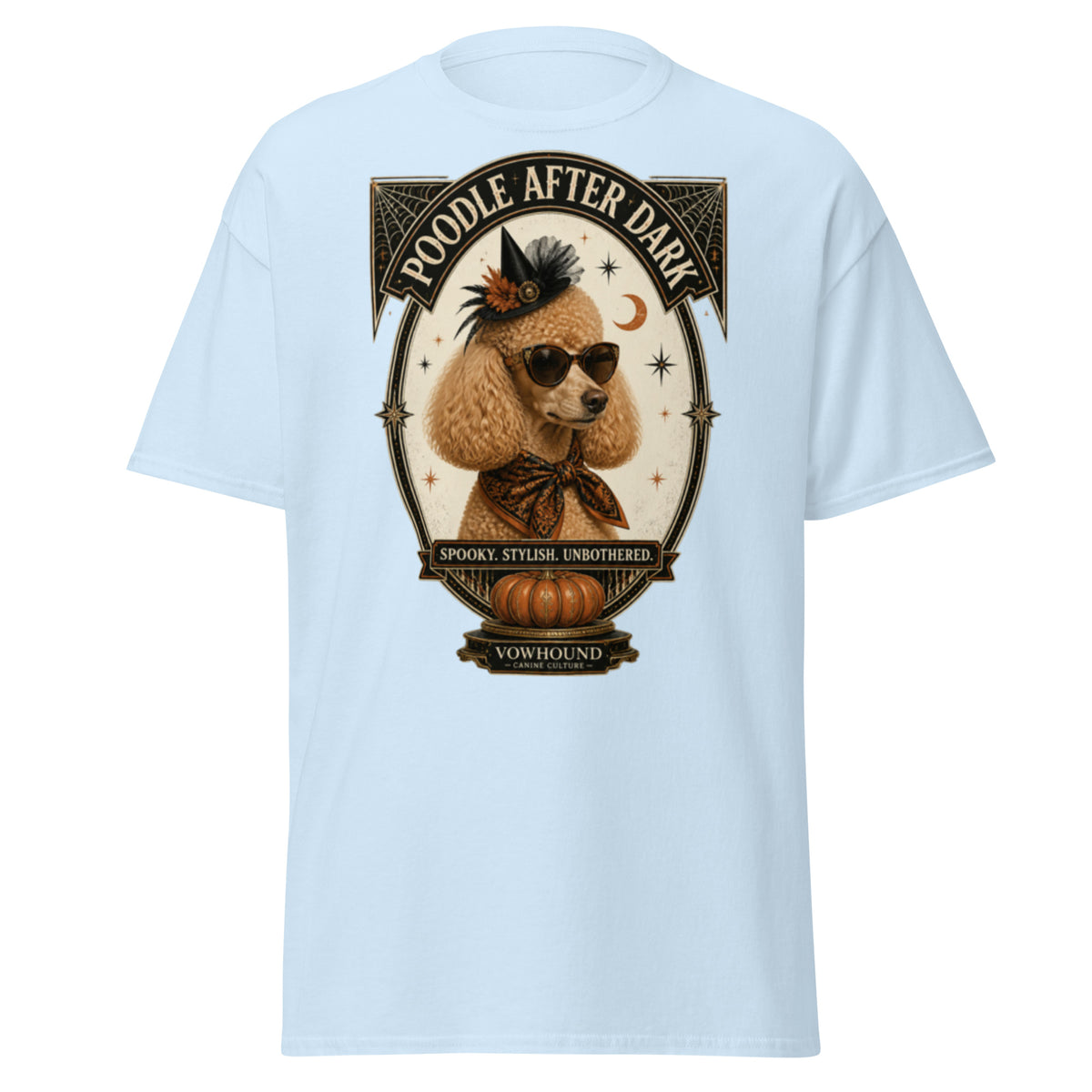 Poodle Spooky Stylish Unbothered Halloween graphic T-shirt by VOWHOUND in Light Blue