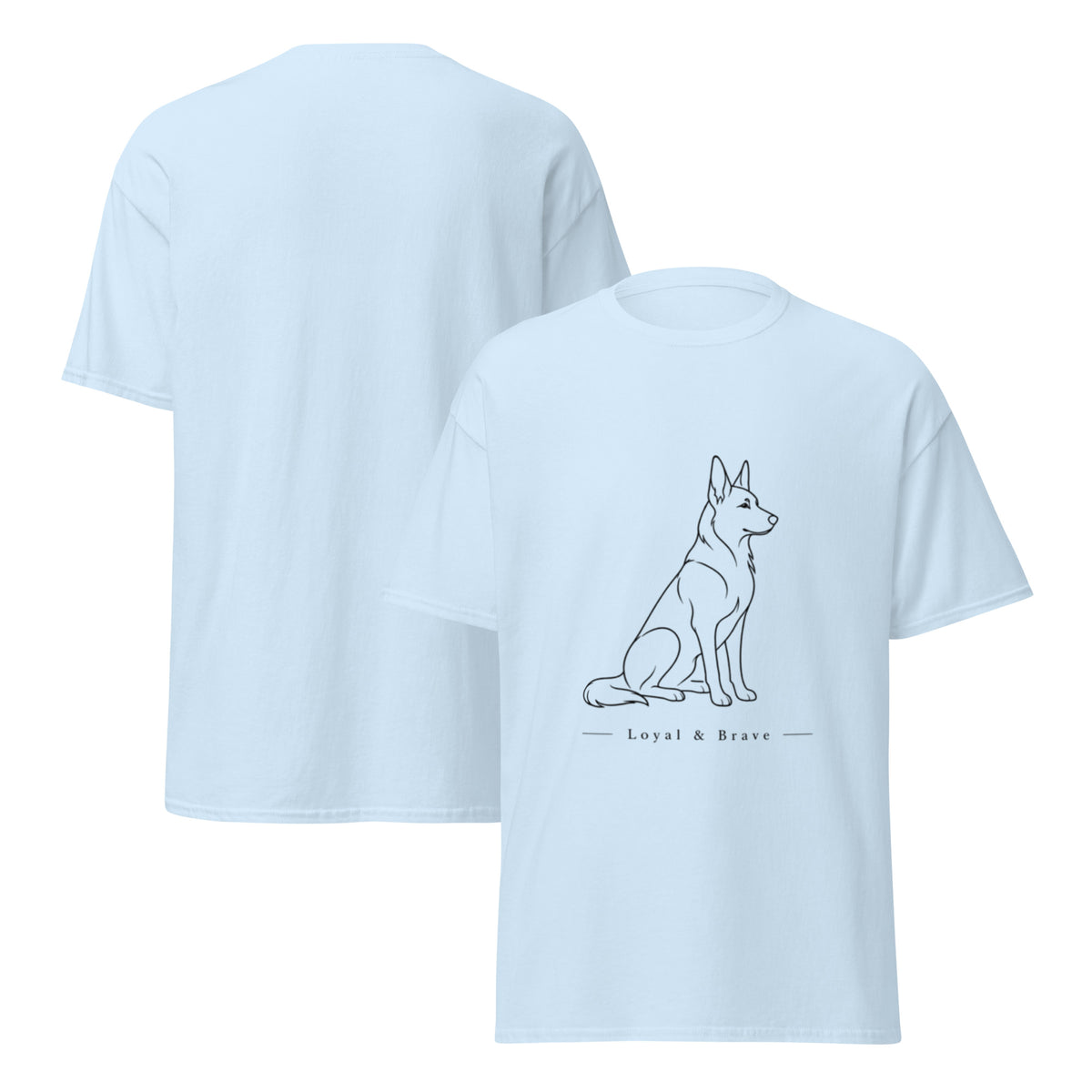 Light blue German Shepherd T-shirt front-and-back view