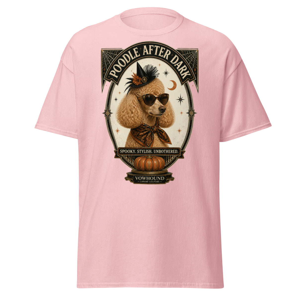 Poodle Spooky Stylish Unbothered Halloween graphic T-shirt by VOWHOUND in Light Pink