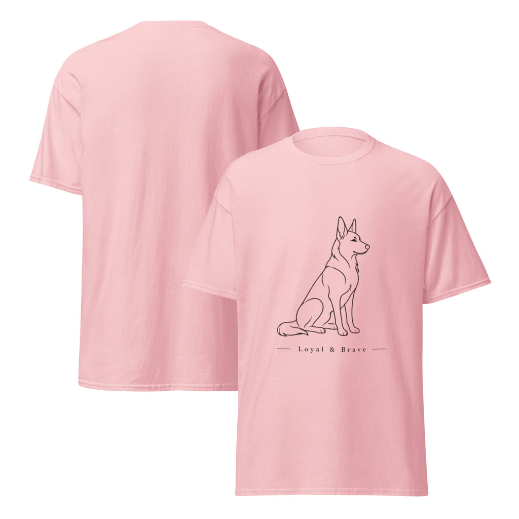 Light pink German Shepherd T-shirt front-and-back view