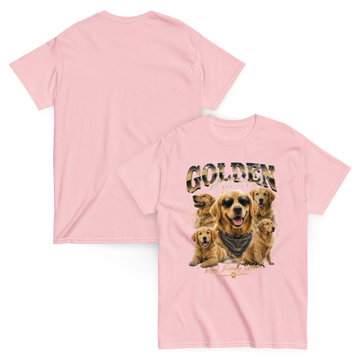 Light pink Golden G Golden Retriever T-shirt front-and-back view