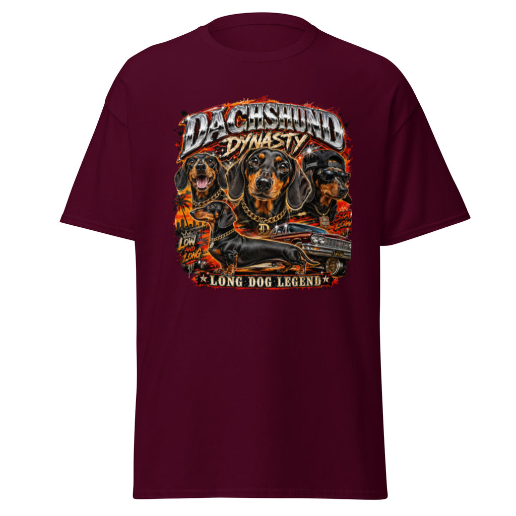 Maroon Dachshund Dynasty T-shirt alternate front view