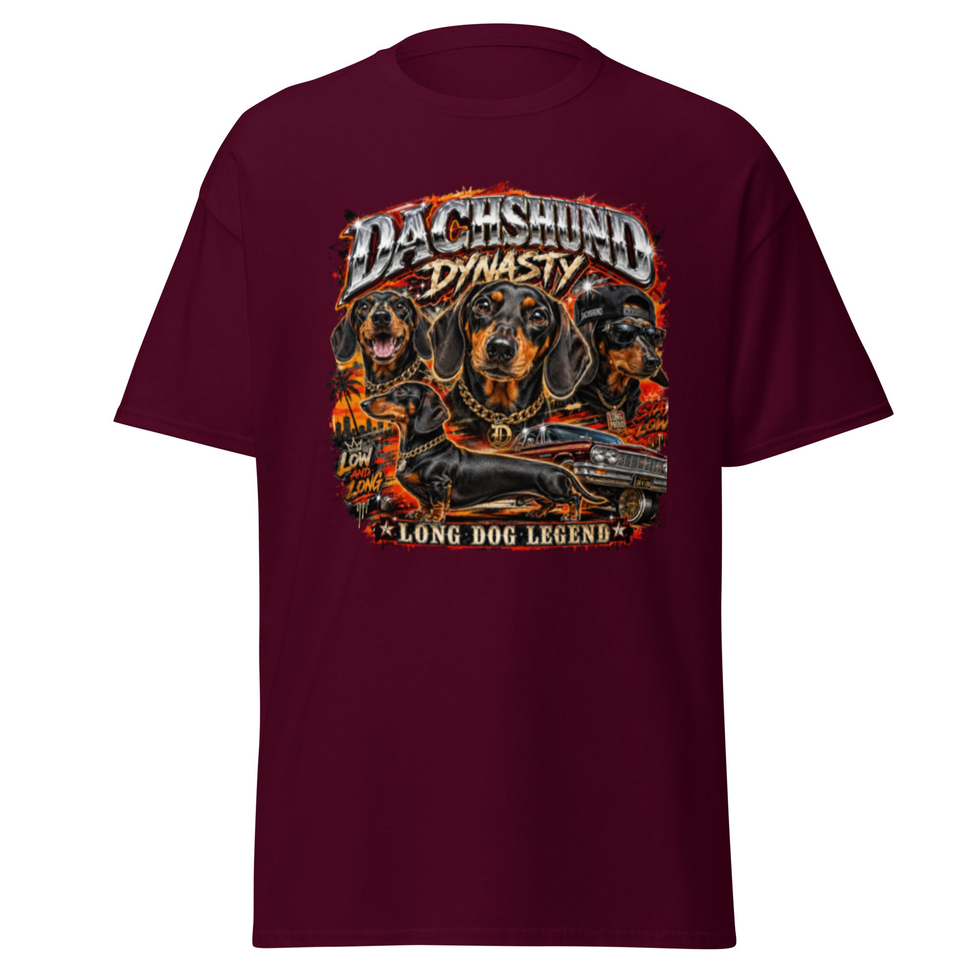 Maroon Dachshund Dynasty T-shirt alternate front view
