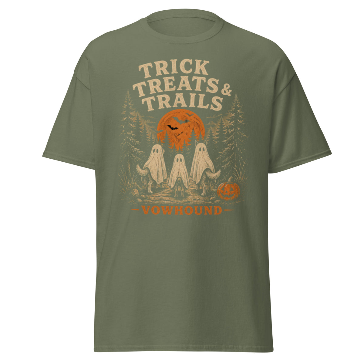 Military Green Husky Trick Treats & Trails Halloween T-Shirt product mockup