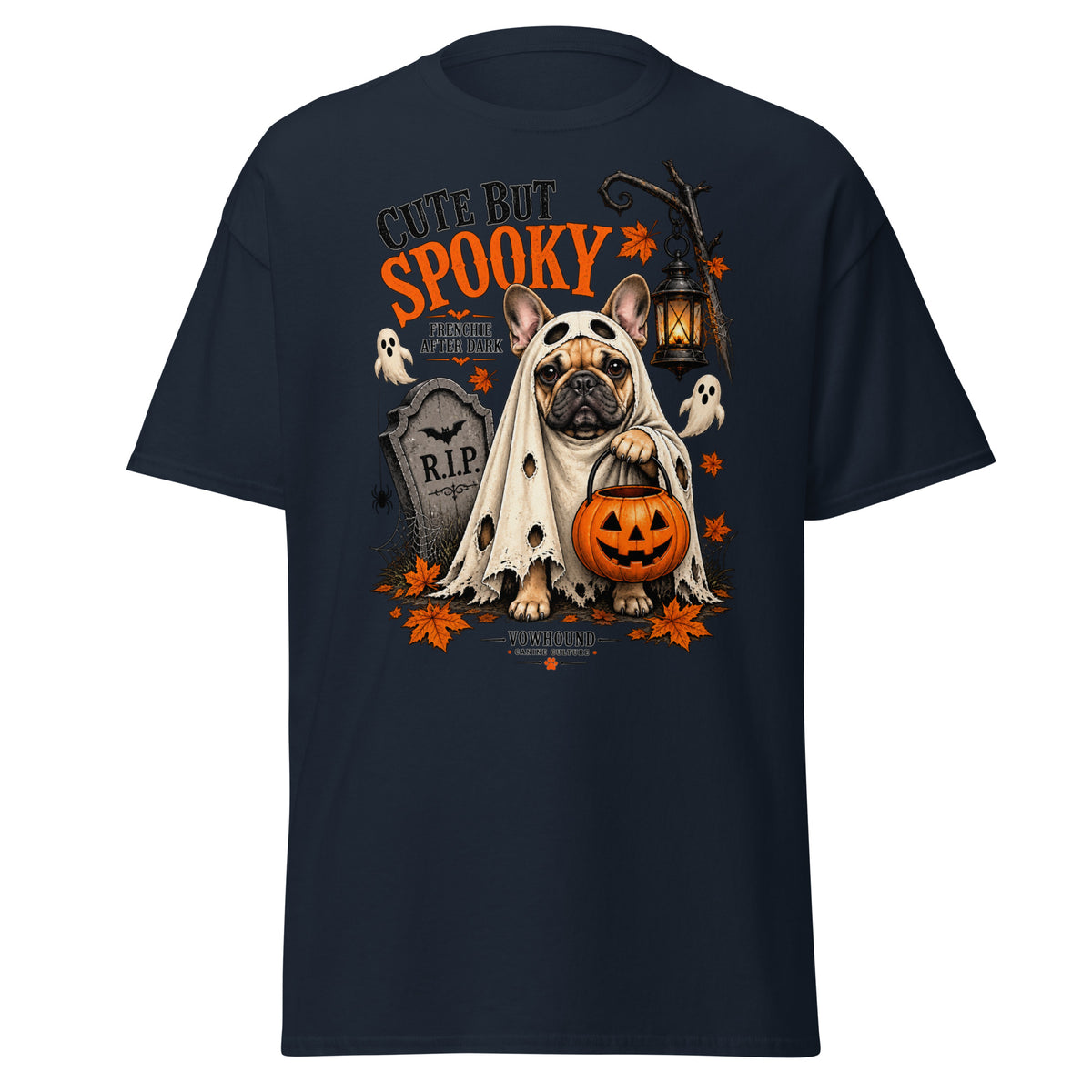 French Bulldog Frenchie After Dark Halloween graphic T-shirt by VOWHOUND in Navy