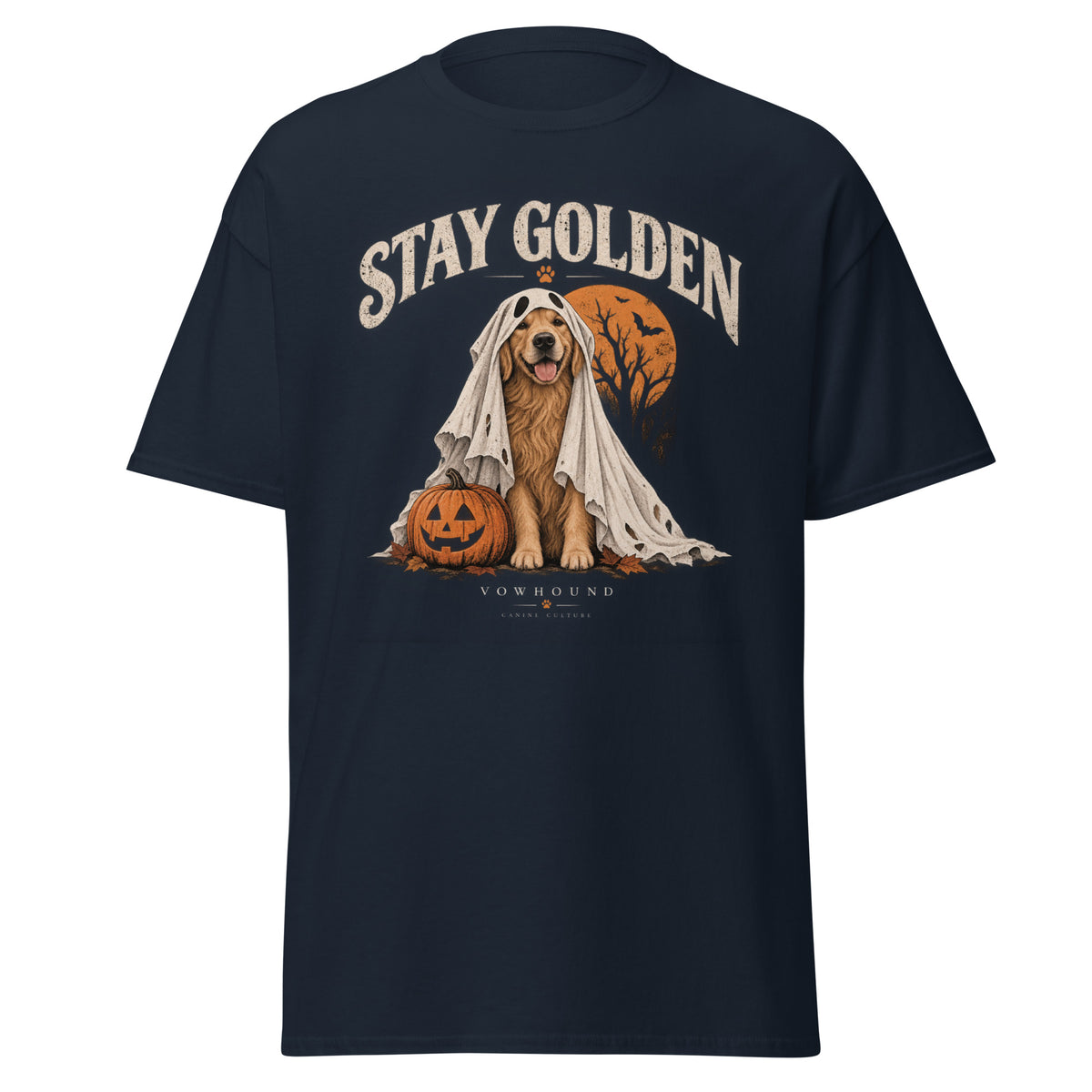 Golden Retriever Stay Golden Halloween graphic T-shirt by VOWHOUND in Navy