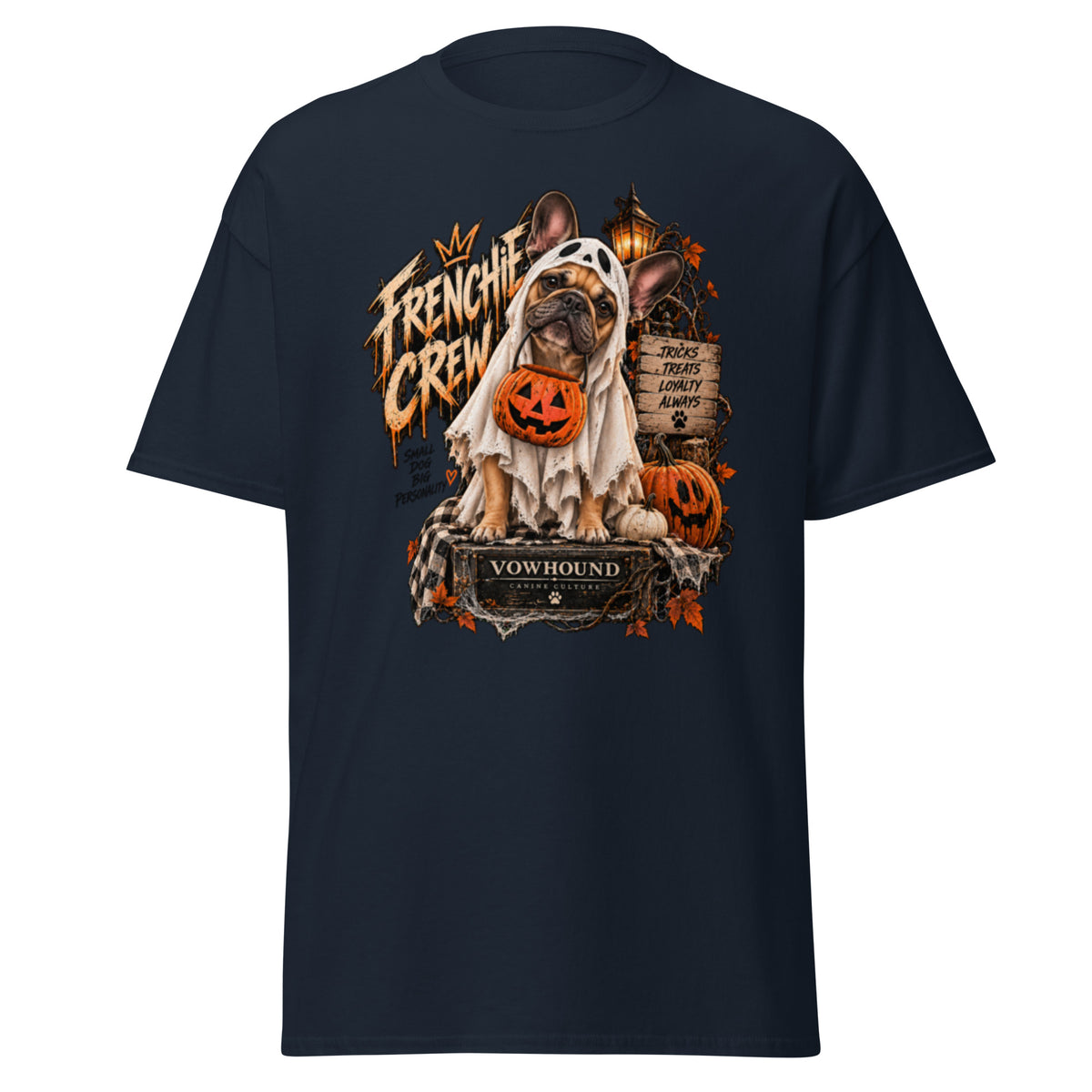 Frenchie Crew Tricks and Treats Halloween graphic T-shirt by VOWHOUND in Navy