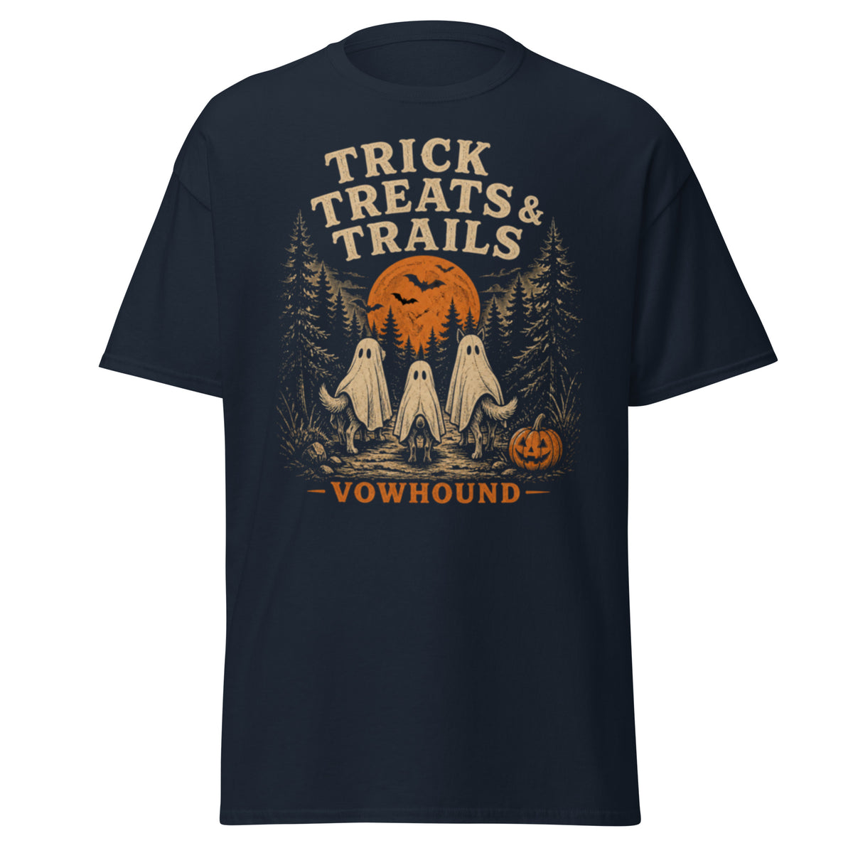 Navy Husky Trick Treats & Trails Halloween T-Shirt product mockup