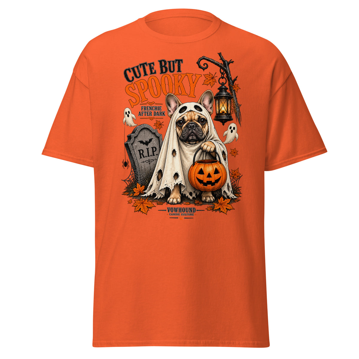 French Bulldog Frenchie After Dark Halloween graphic T-shirt by VOWHOUND in Orange