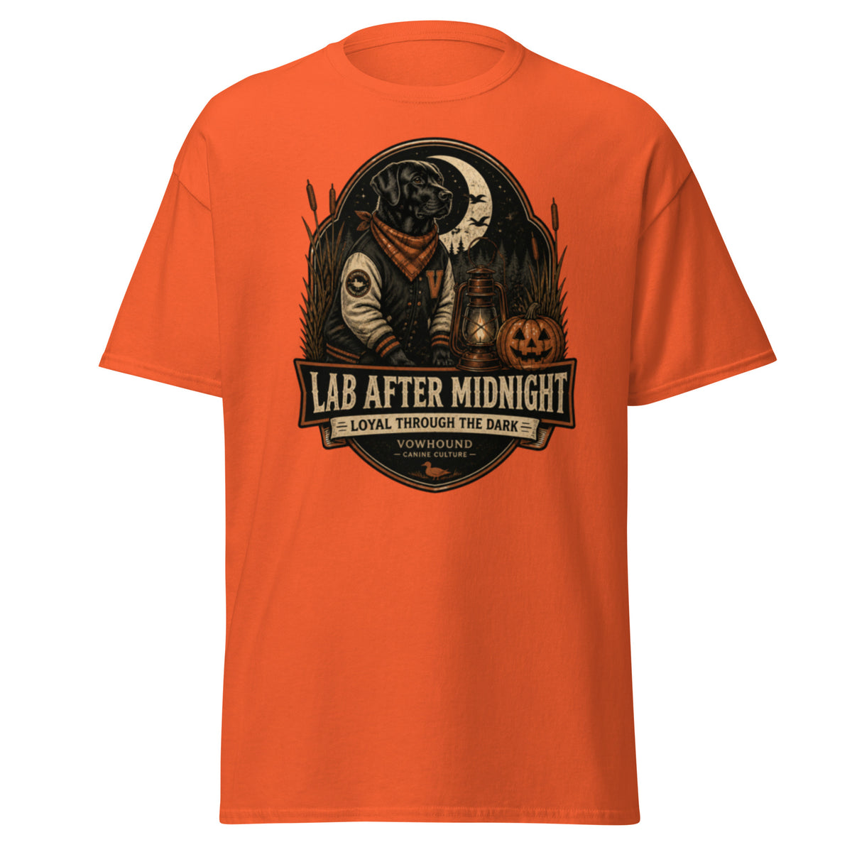 Labrador Lab After Midnight Halloween graphic T-shirt by VOWHOUND in Orange