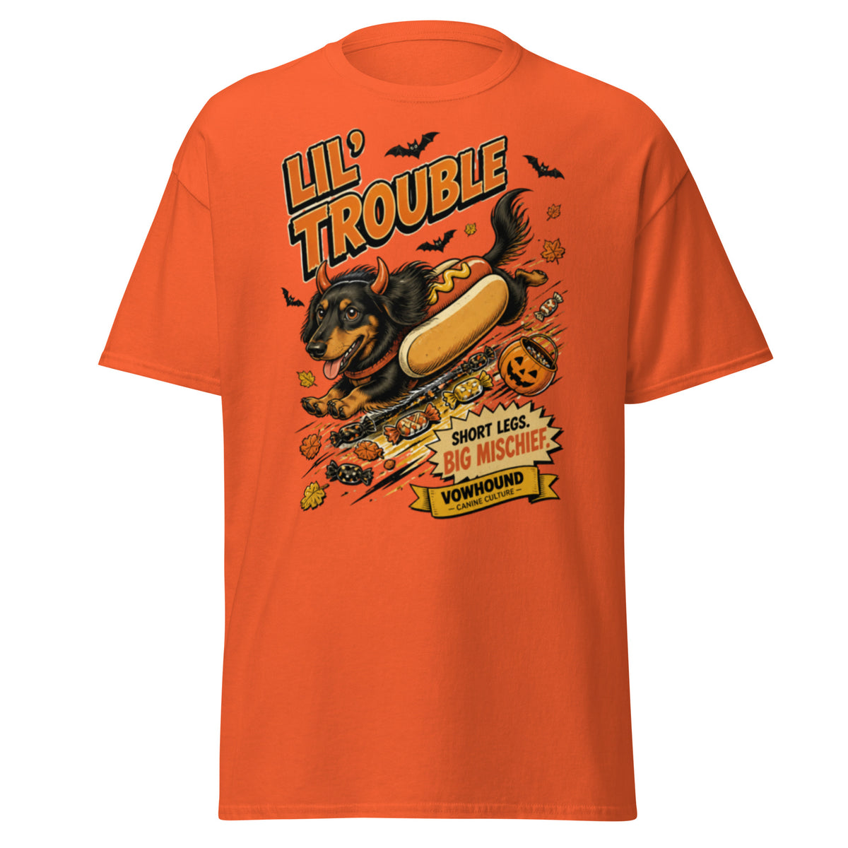 Dachshund Lil’ Trouble Halloween graphic T-shirt by VOWHOUND in Orange