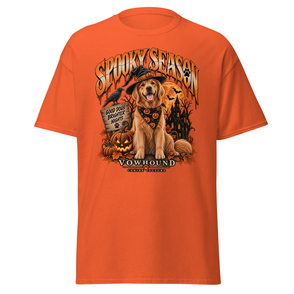 Spooky Season Halloween dog graphic T-shirt by VOWHOUND in Orange