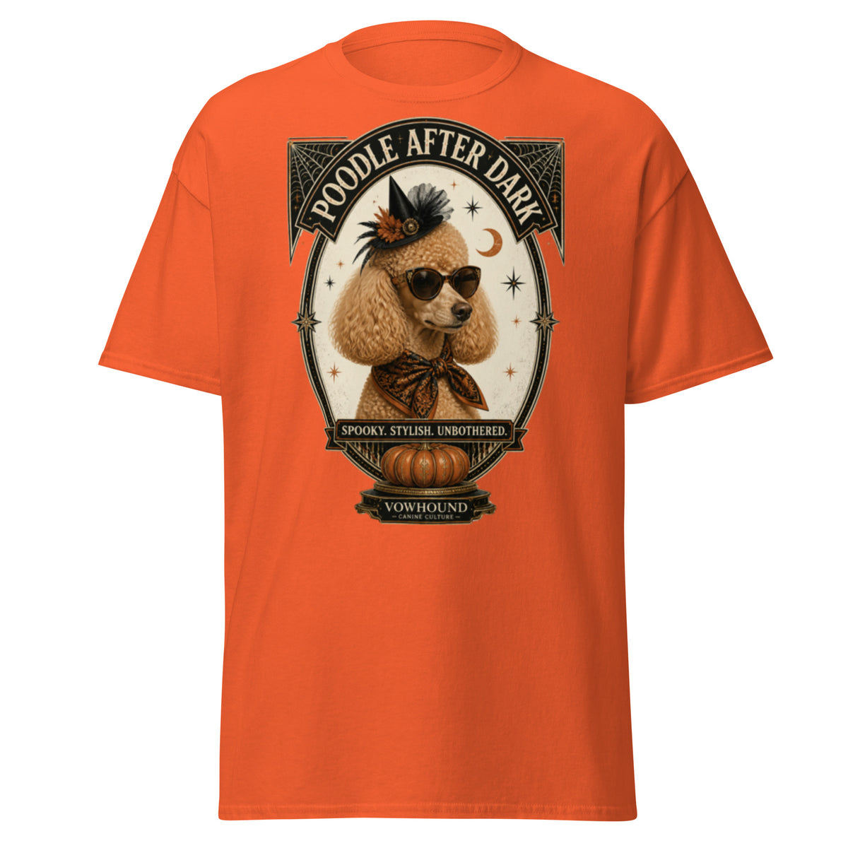 Poodle Spooky Stylish Unbothered Halloween graphic T-shirt by VOWHOUND in Orange