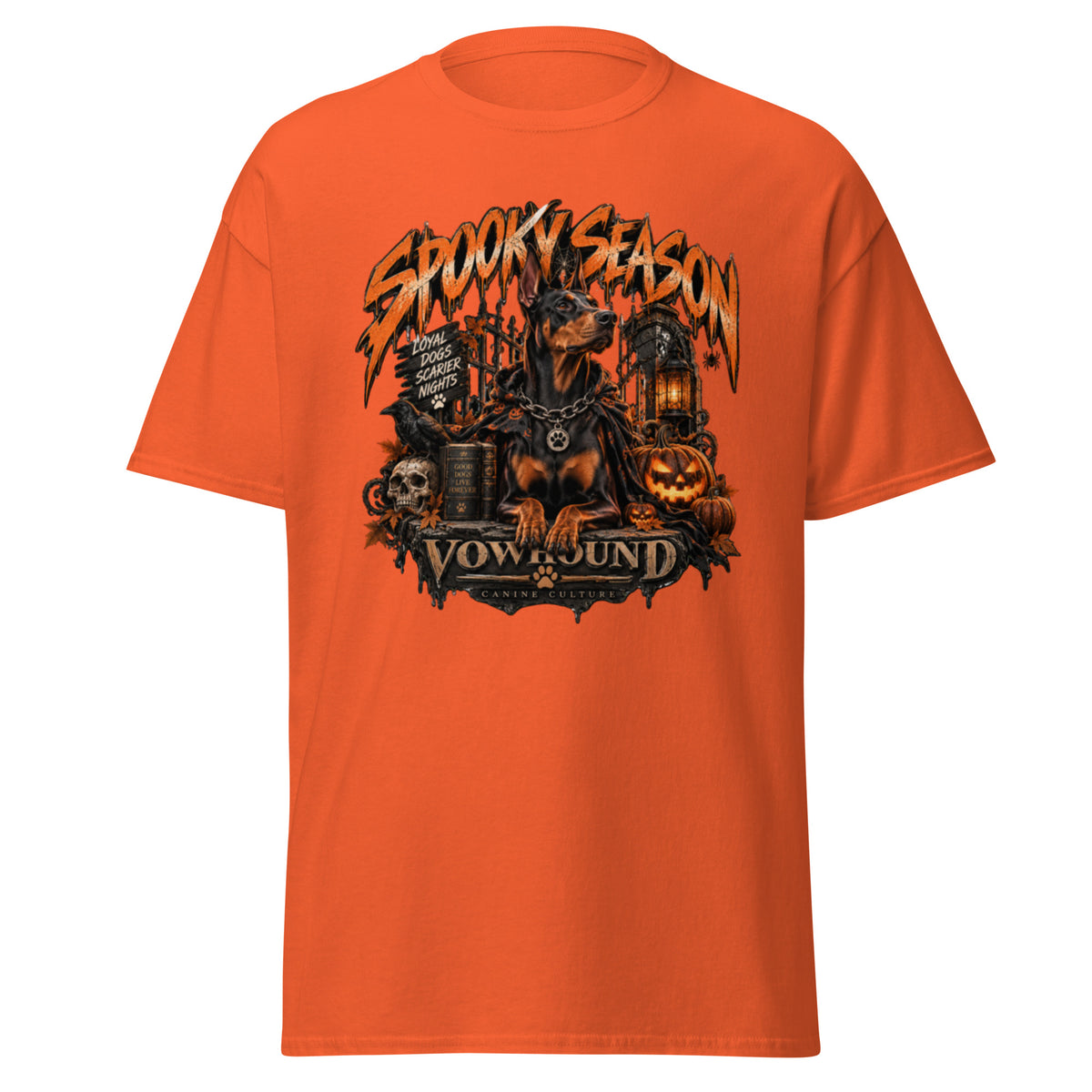 Loyal Dogs Scarier Nights Halloween graphic T-shirt by VOWHOUND in Orange